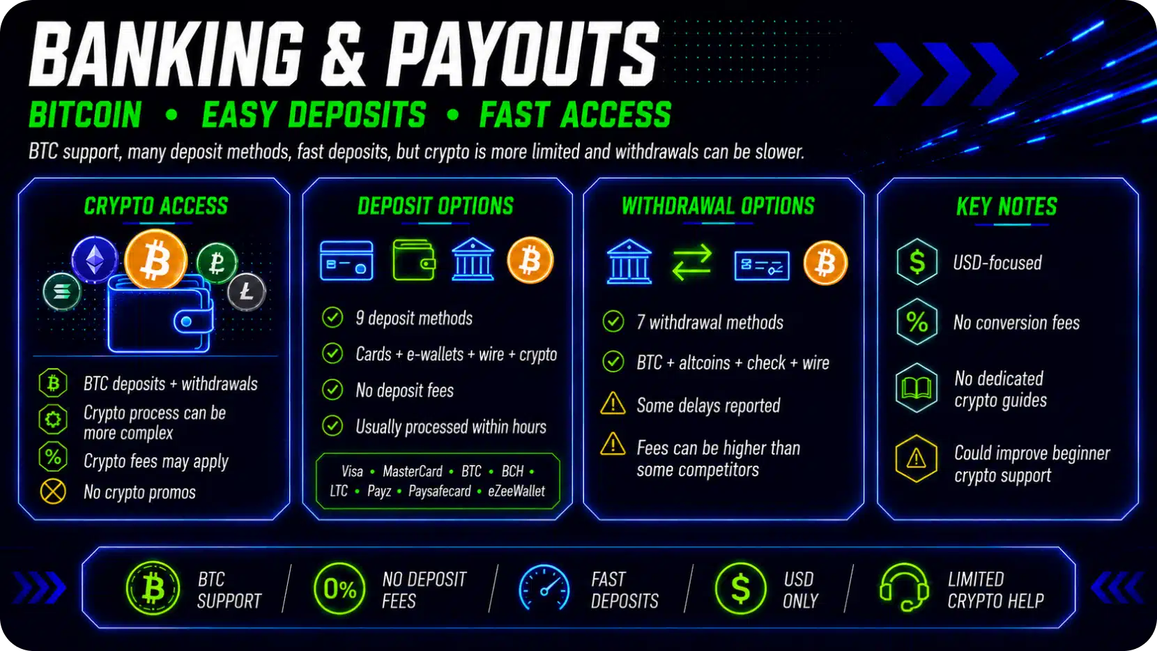 Infographic titled Banking & Payouts showing crypto access, deposit options, withdrawal options, and key notes with neon icons and four blue panels across a dark background best for a crypto service page.