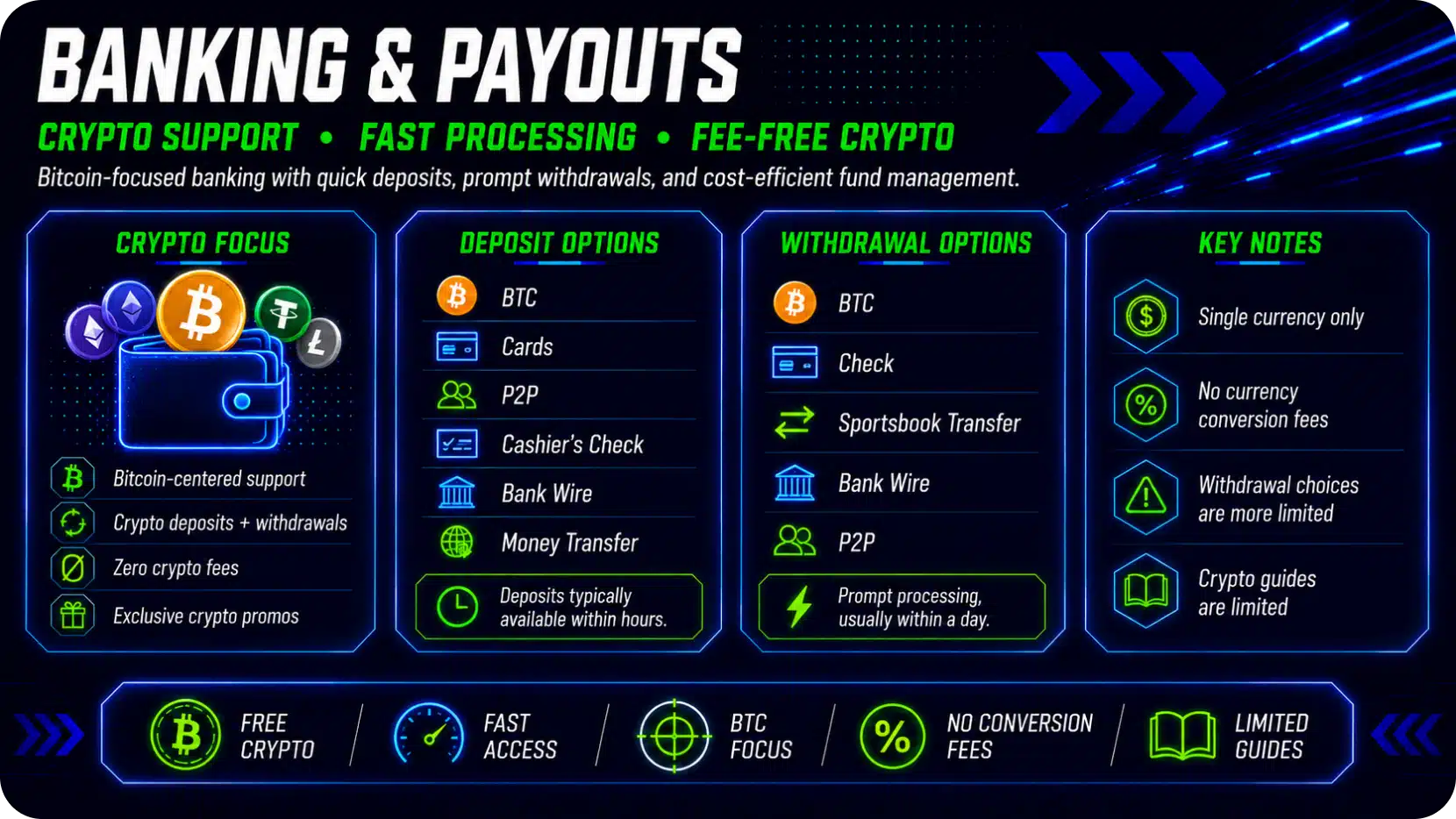 Infographic titled Banking & Payouts showing crypto support, fast processing, and fee-free crypto with sections for Crypto Focus, Deposit Options, Withdrawal Options, and Key Notes.