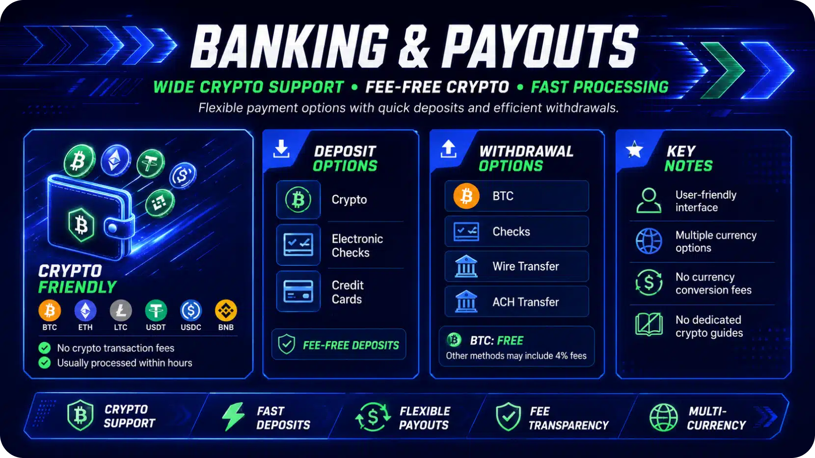 Banner showcasing crypto banking features: 'BANKING & PAYOUTS' with deposit/withdraw options and crypto-friendly icons in neon blue hues