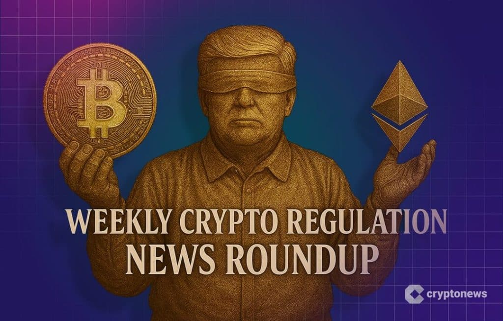 crypto justice 1 - Digital Wager Wire Gold blindfolded statue holding Bitcoin coin in one hand and Ethereum logo in the other, with the headline 'Weekly Crypto Regulation News Roundup' and a cryptonews watermark.