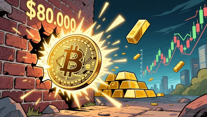 80k - Digital Wager Wire Bitcoin bursting through a brick wall toward piles of gold bars, with a rising market chart in the background and ',000' text nearby.