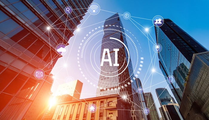 ai banks - Digital Wager Wire Skyscrapers with a digital AI hub graphic and floating network icons, symbolizing artificial intelligence in smart city technology.