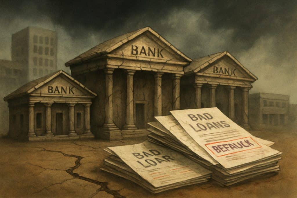 bad loan 1 - Digital Wager Wire Stacks of papers labeled 'Bad Loans' with a red stamp in front of old stone-bank buildings labeled 'Bank'—a grim financial scene.