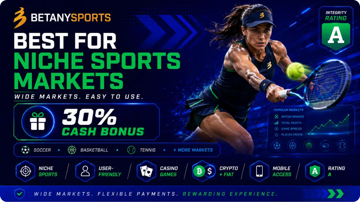 BetanySports promotional banner showing a female tennis player in action and text about niche sports markets and a 30% cash bonus.