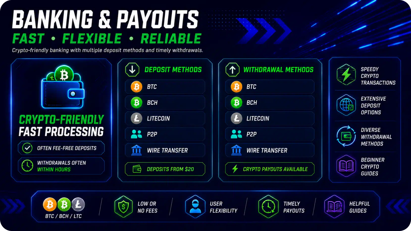 Crypto banking infographic: neon wallet on left, with deposit/withdrawal methods (BTC, BCH, LTC, P2P, wire) listed in the center, and additional features on the right in a neon design.