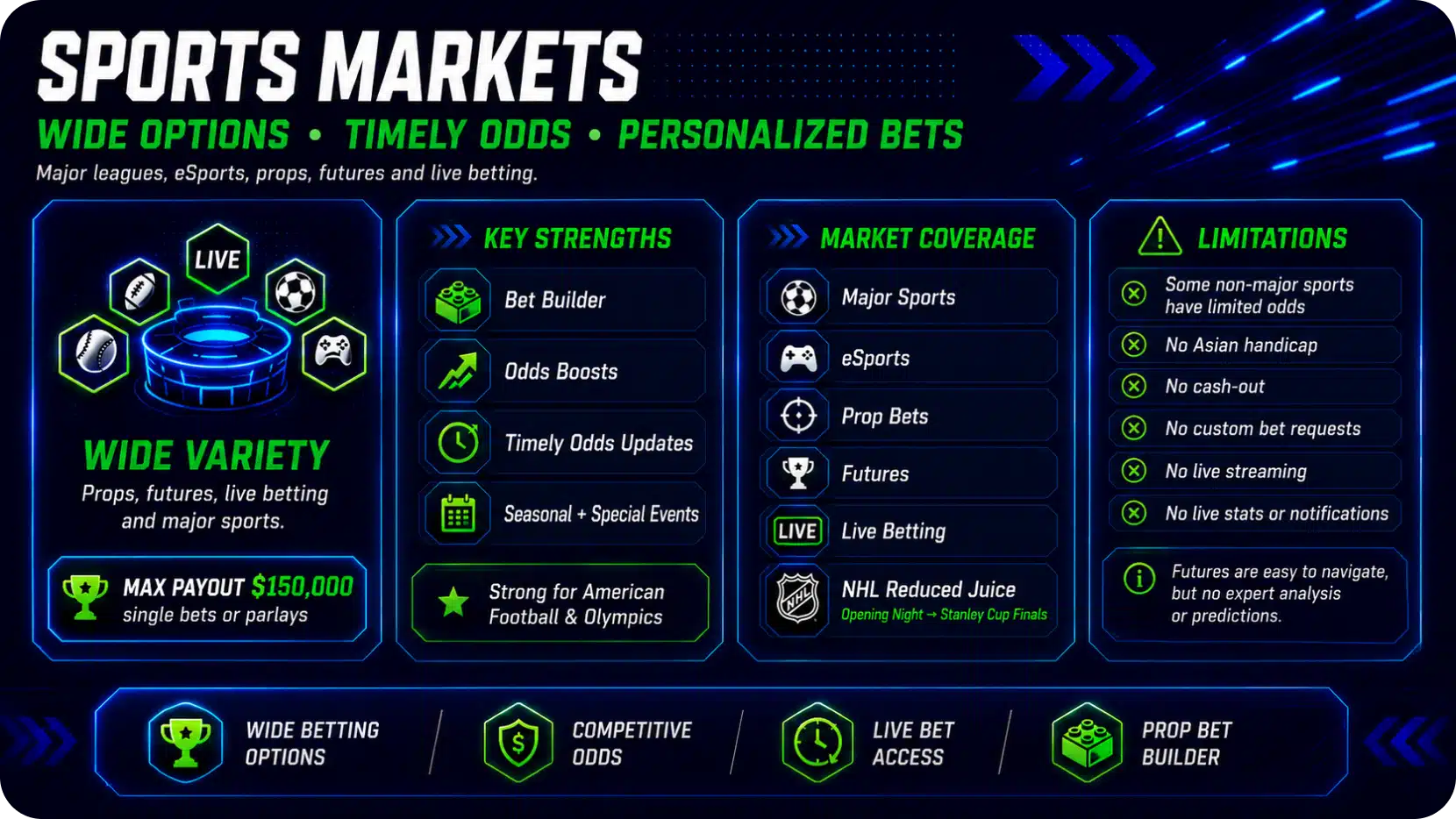 Neon blue infographic about sports betting options, highlighting wide variety, live betting, and key sections like strengths and market coverage.