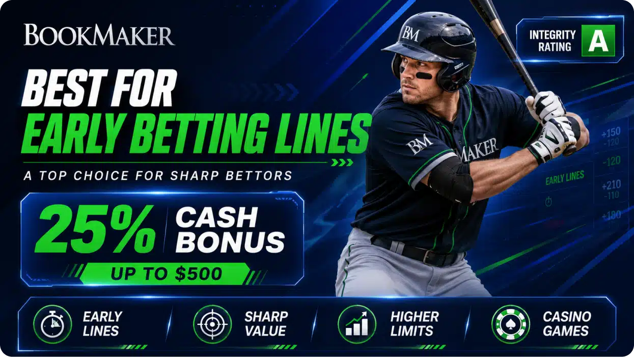 Advertisement banner promoting BookMaker with baseball player and offer: 25% cash bonus up to $500 for early lines betting.