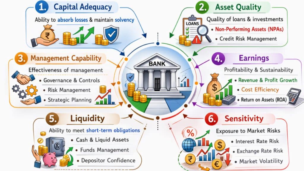 capital bank 1 - Digital Wager Wire Infographic: six sections around a bank icon: Capital Adequacy, Asset Quality, Management Capability, Earnings, Liquidity, Sensitivity, showing financial elements like assets, loans, and charts.