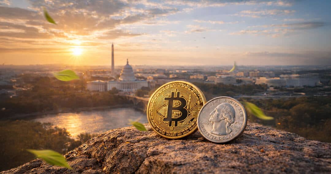 crypto on whithouse 1 - Digital Wager Wire Bitcoin and a US quarter rest on a rock with the Washington DC skyline at sunset, including the Capitol building in the background.