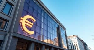 euro banks - Digital Wager Wire Modern glass-fronted office building with a large illuminated euro (€) symbol on the facade against a clear blue sky.