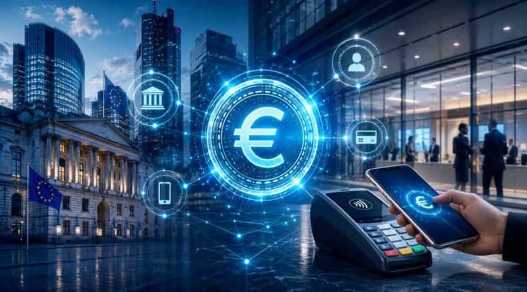 euro stablecoins 1 - Digital Wager Wire Digital euro transaction concept with a smartphone near a contactless payment terminal in a futuristic cityscape.