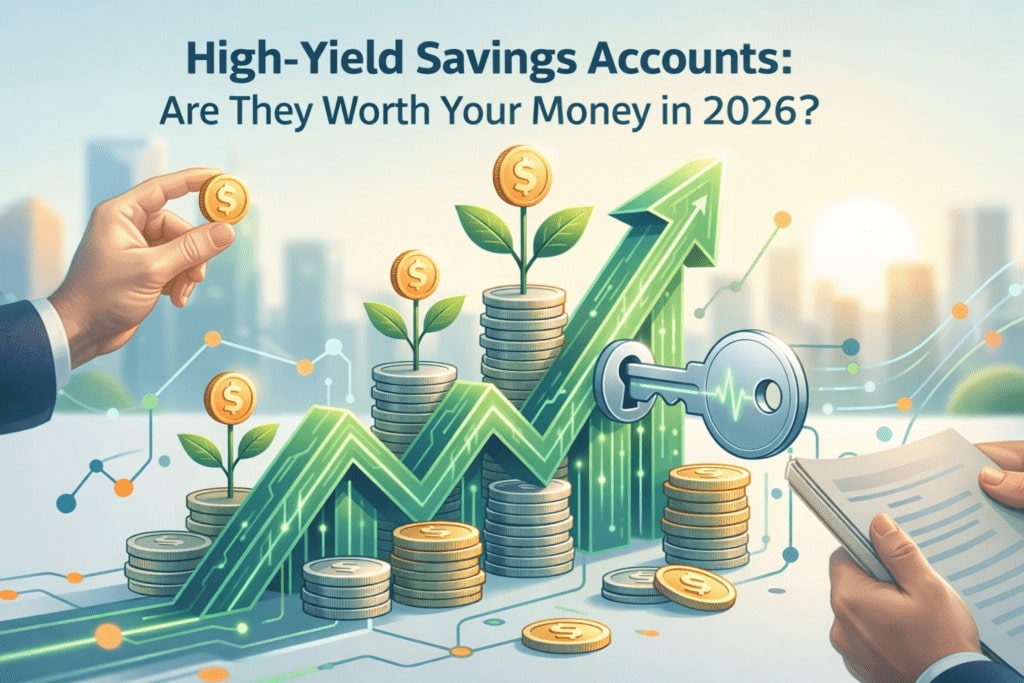 high yield graph - Digital Wager Wire Infographic showing growing coin plants and a rising arrow, illustrating growing savings and high-yield accounts for 2026