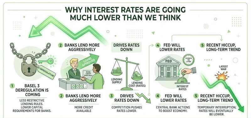 interest - Digital Wager Wire Infographic explaining why interest rates are going lower: steps show Basel 3 deregulation, banks lending more, rates down, Fed actions, and long-term trend.
