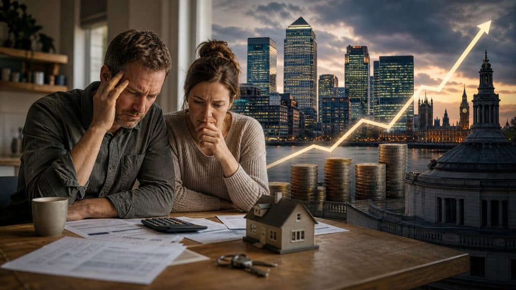mortgagee 1 1 - Digital Wager Wire Couple worried about finances, studying documents with a house model, coins and a rising graph over a city skyline.
