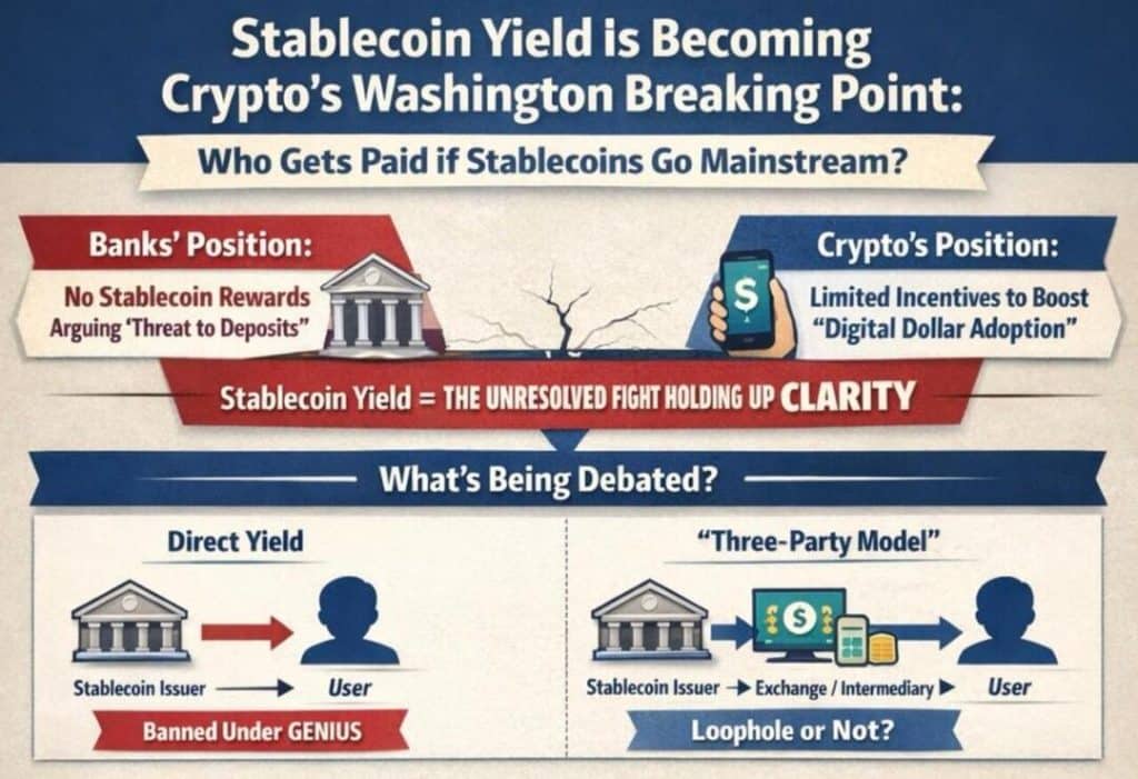 policy 1 - Digital Wager Wire Infographic comparing banks' vs. crypto stance on stablecoin yield, with Direct Yield and Three-Party Model diagrams for users and issuers (flow arrows shown).
