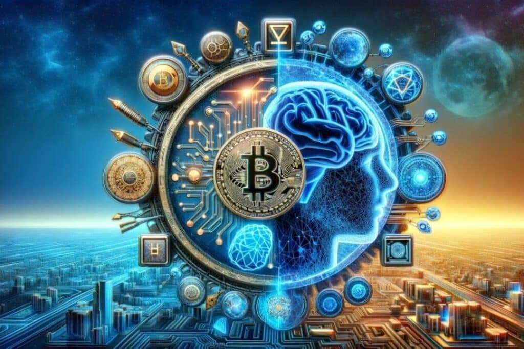 ai for bitcoin - Digital Wager Wire Blue neon brain inside a circuit ring with Bitcoin coins, symbolizing AI and cryptocurrency.