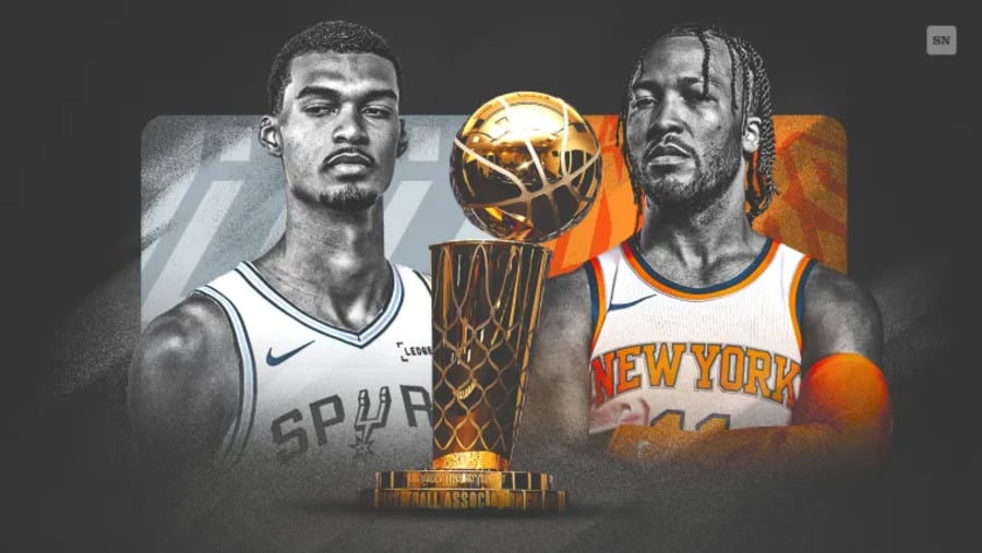championship game 1 - Digital Wager Wire Two basketball players in Spurs and New York Knicks jerseys stand beside a tall gold trophy, set against a dark background.