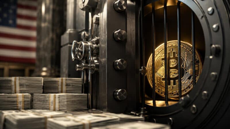 isolating bitcoins - Digital Wager Wire Bitcoin secured inside a high-security vault with bundles of cash nearby, illustrating secure cryptocurrency storage.