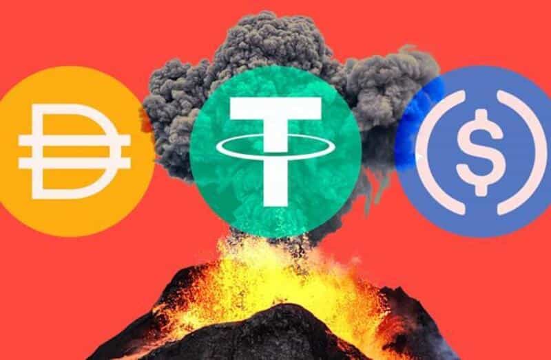 stable coins trio - Digital Wager Wire Volcano erupts beneath three cryptocurrency logos—Dash (orange), Tezos (green), and USDC (blue circle)—on a red background.
