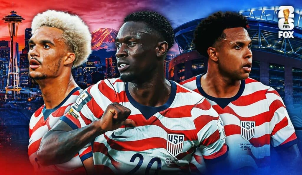 top 3 us players - Digital Wager Wire Three USA national team players in red-and-white striped jerseys stand together against a cityscape backdrop, celebrating with determined expressions and a fist pump in the center piece.