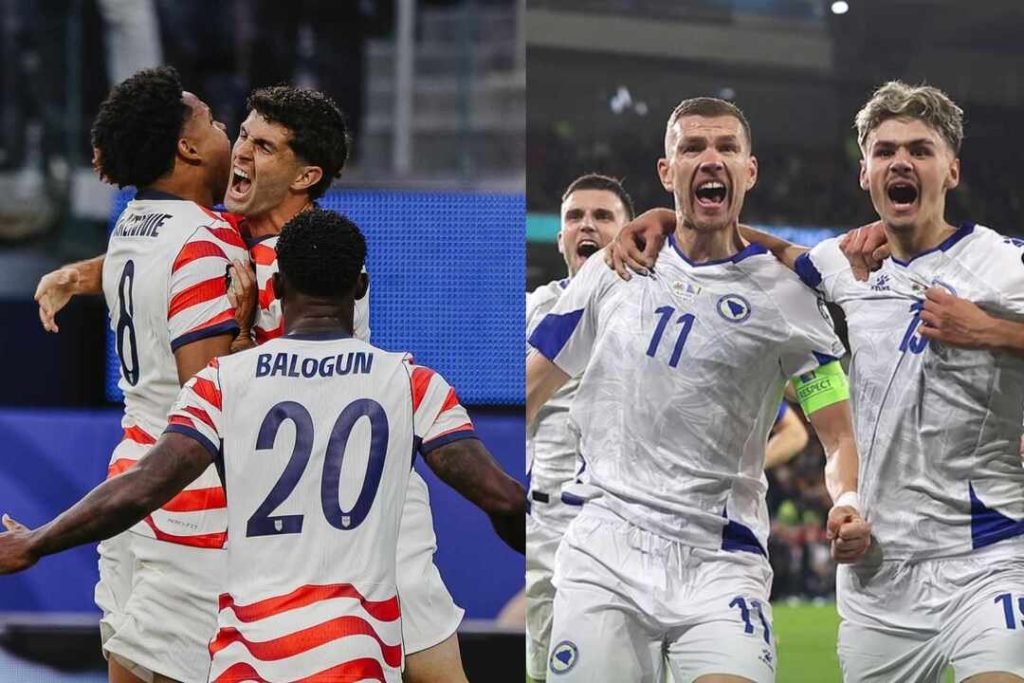 both teams happy - Digital Wager Wire Split image of two soccer teams celebrating: left side players in red-and-white stripes embrace in jubilation; right side players in white with blue trim celebrate together with arms around each other.