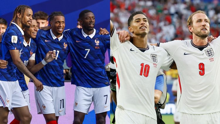 france is hard to beat - Digital Wager Wire France and England soccer players celebrate together: left side shows blue jerseys with numbers, right side shows white jerseys with red numbers, arms around each other in victory.