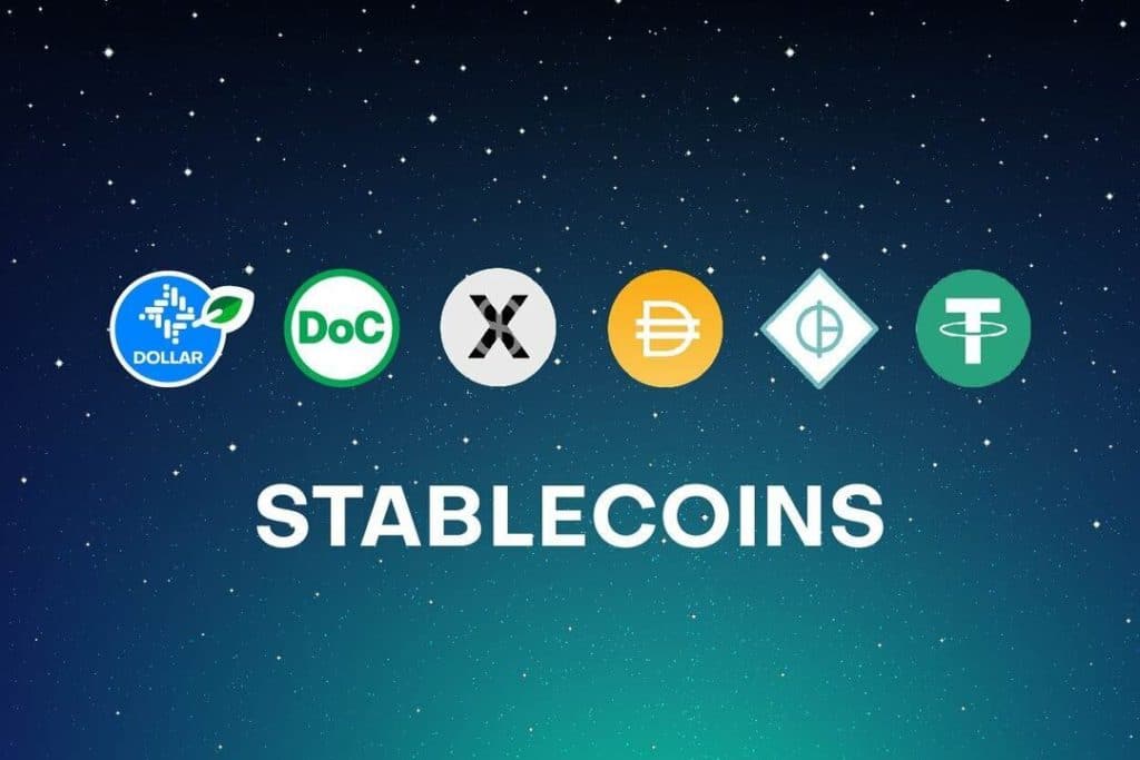 stable coins on the rise - Digital Wager Wire Six stablecoin logos arranged in a row above the label STABLECOINS on a blue-green gradient, starry background.