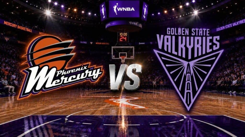 valkyrie vs mercury - Digital Wager Wire Basketball court with Phoenix Mercury logo on left and Golden State Valkyries logo on right, VS in center, arena crowd in background.