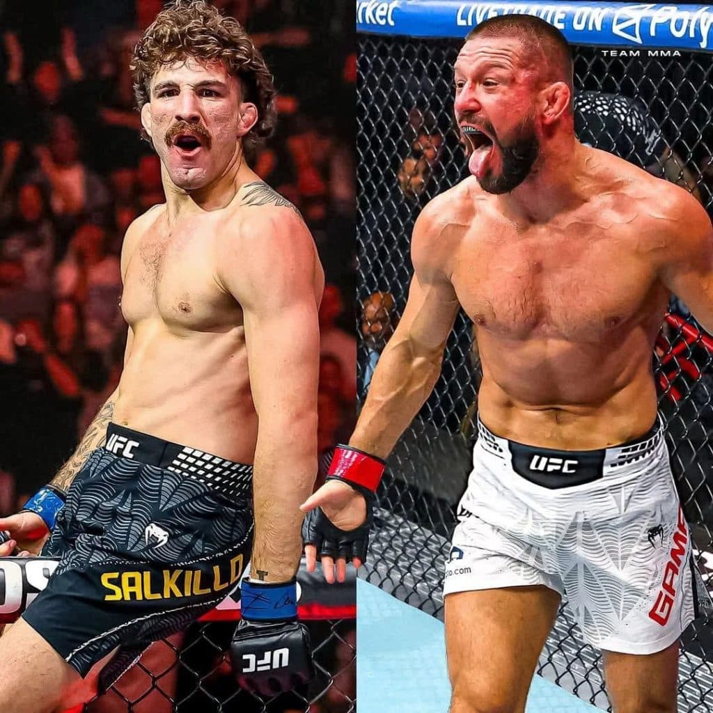 side view of gamrot and salkilld - Digital Wager Wire Split-image of two UFC fighters in the octagon; left: shirtless man with a moustache and curly hair in black shorts, right: muscular man with a beard in white shorts, tongue out.