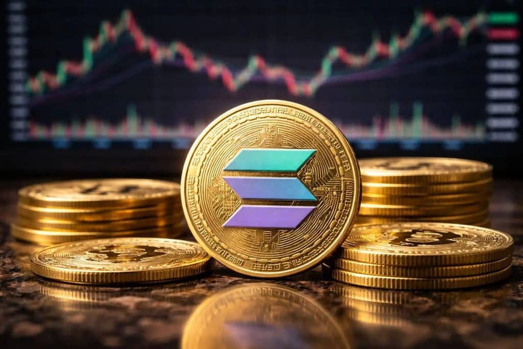 Close-up of gold Solana coins with the Solana symbol in the foreground and a fluctuating market chart in the blurred background, suggesting crypto trading.