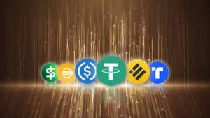 stable coins in surge - Digital Wager Wire Row of colorful circular currency icons glowing on a golden, sparkling background.