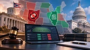 Laptop displaying a legal/policy dashboard on a desk in front of a US state map with a prohibition symbol and a documents icon; gavel and Capitol in background