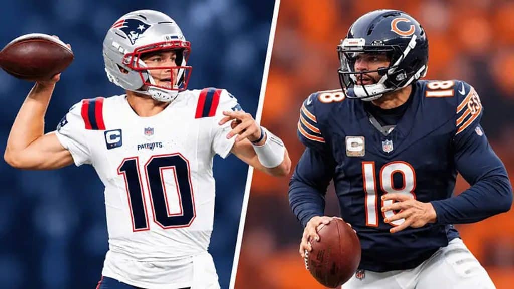 bears vs patriots tnf - Digital Wager Wire Split-screen image of two NFL quarterbacks: left is Patriots white jersey #10 preparing to throw, right is Bears navy jersey #18 holding the ball in a game.